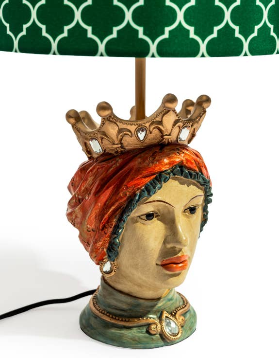 Sicilian Queen Moor Head Table Lamp w/ Green Pattern Shade