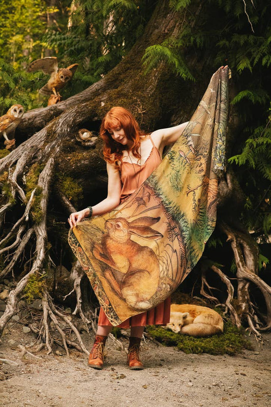 Woodland Wisdom Bohemian Scarf with Florals, Rabbit & Moths