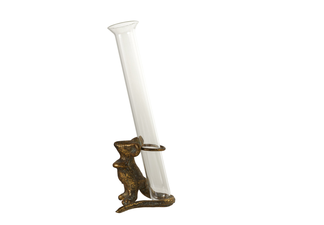 Cast Iron Mouse with Glass Test Tube Vase – Antique Finish (DG2612)
