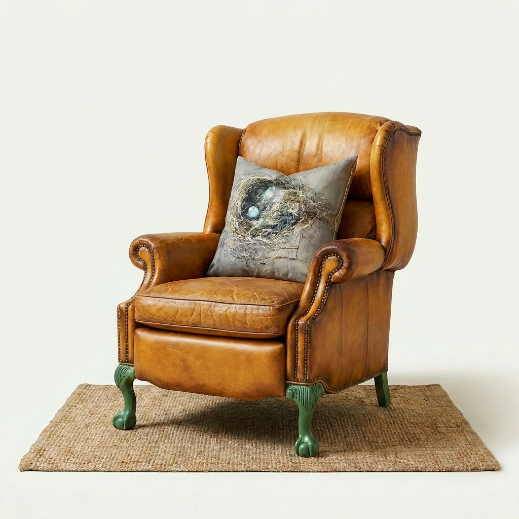 Vintage Embossed Leather Recliner — Green Stripe Upcycle + Clawfoot Legs