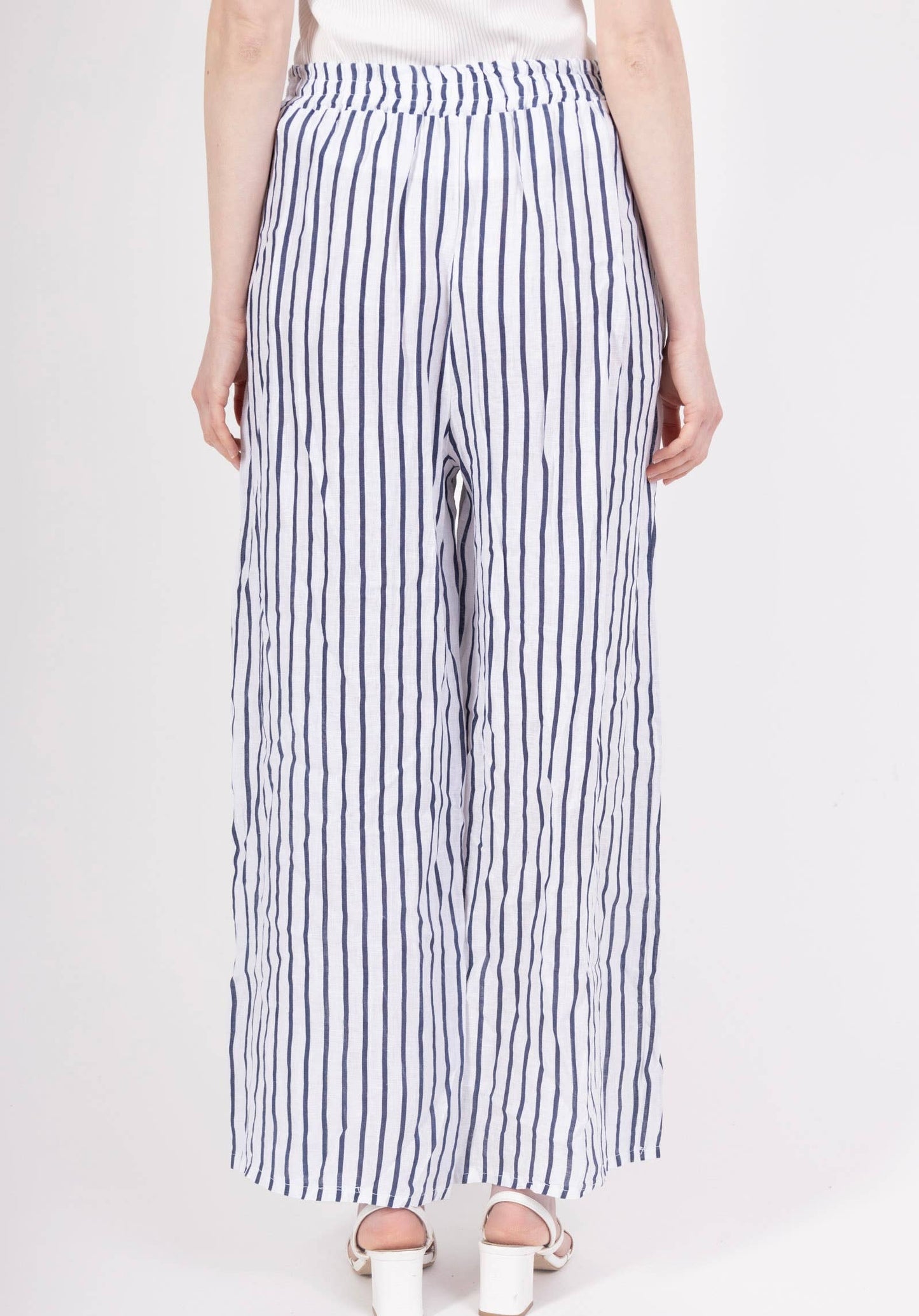 WIDE-LEG LINEN PANTS, STRIPED WITH POCKETS: CAMEL
