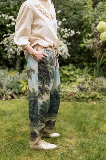 The Mythmaker Linen Crop Artist Pant w/ pastoral landscape
