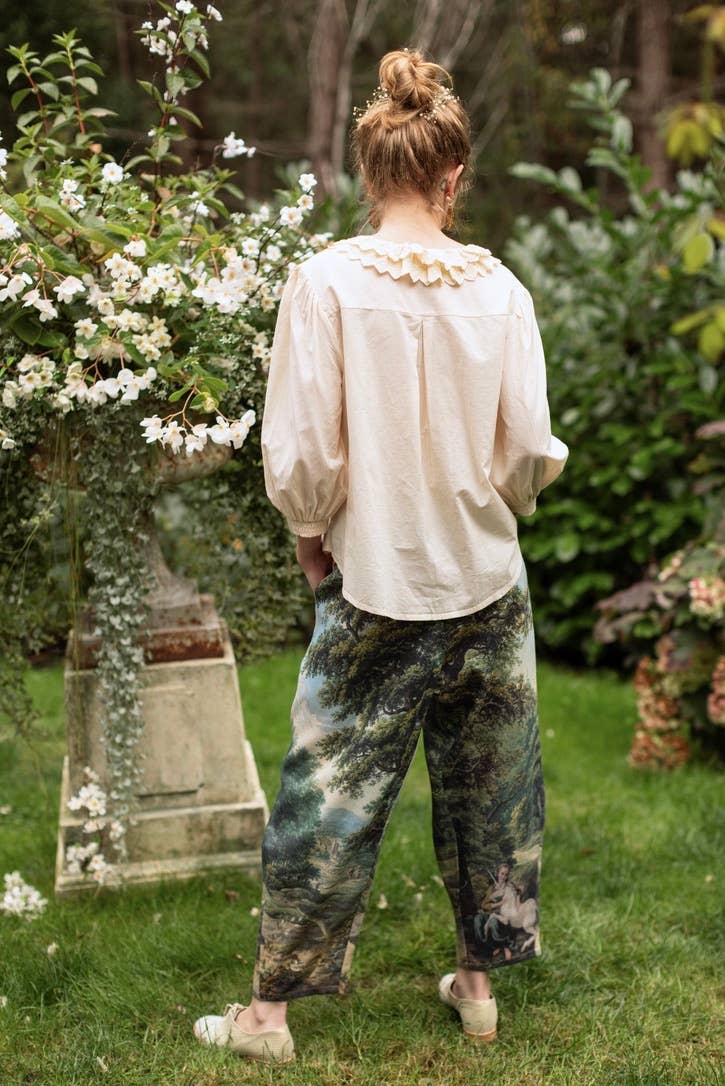 The Mythmaker Linen Crop Artist Pant w/ pastoral landscape