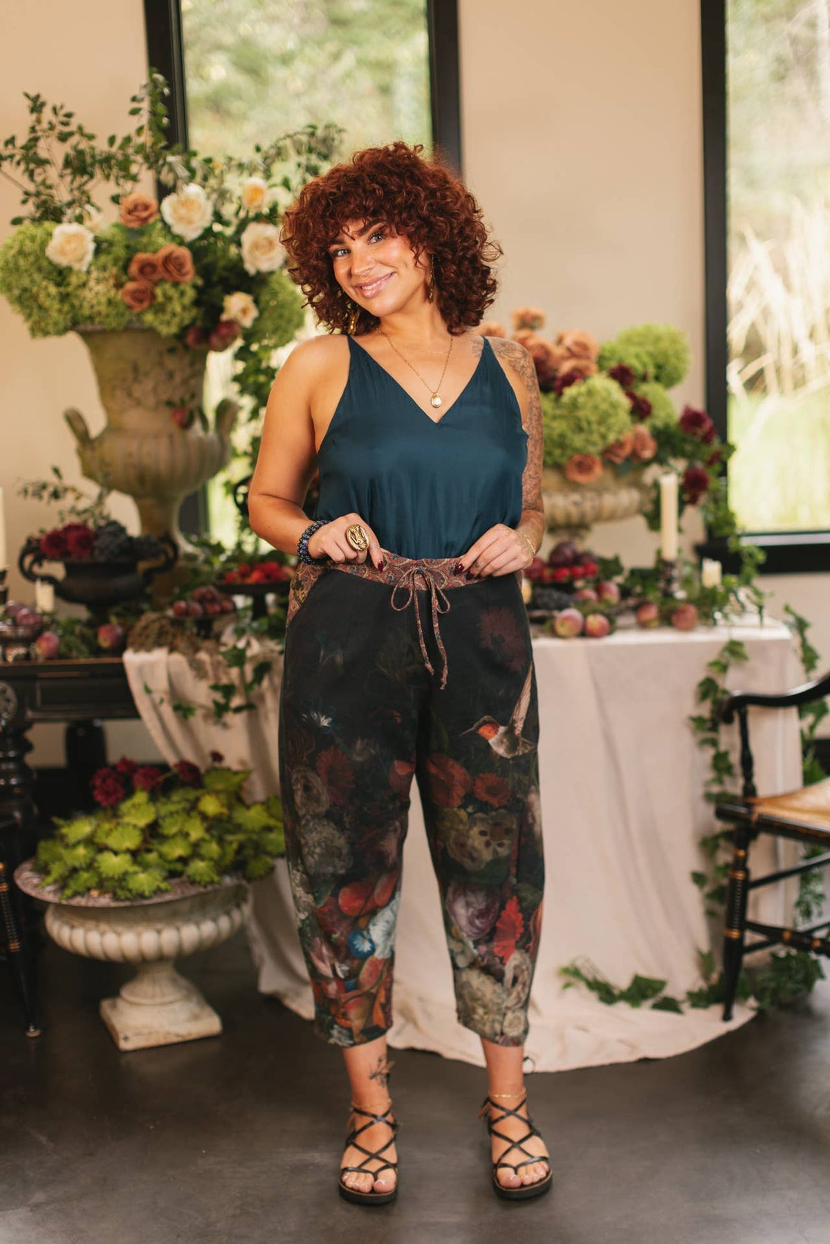 Flight of Fancy Linen Cropped Artist Pants w/ Hummingbird