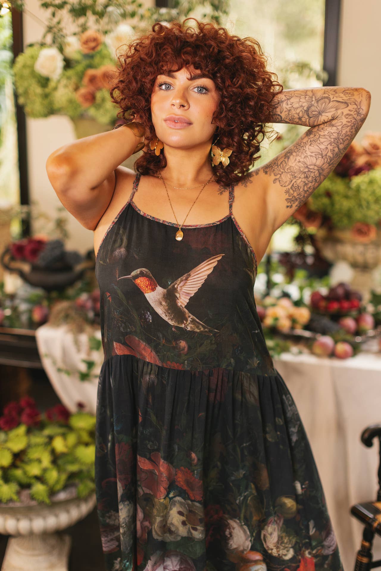 Flight of Fancy Bohéme Long Maxi Slip Dress w/Hummingbirds