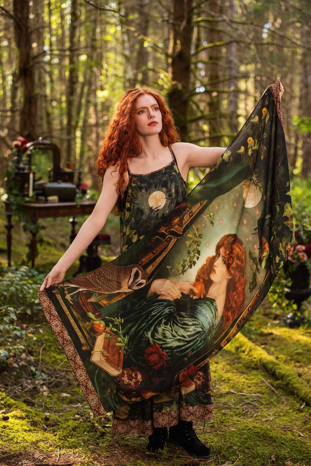 Solstice Bohemian Scarf with Persephone, Florals, Moon & Owl