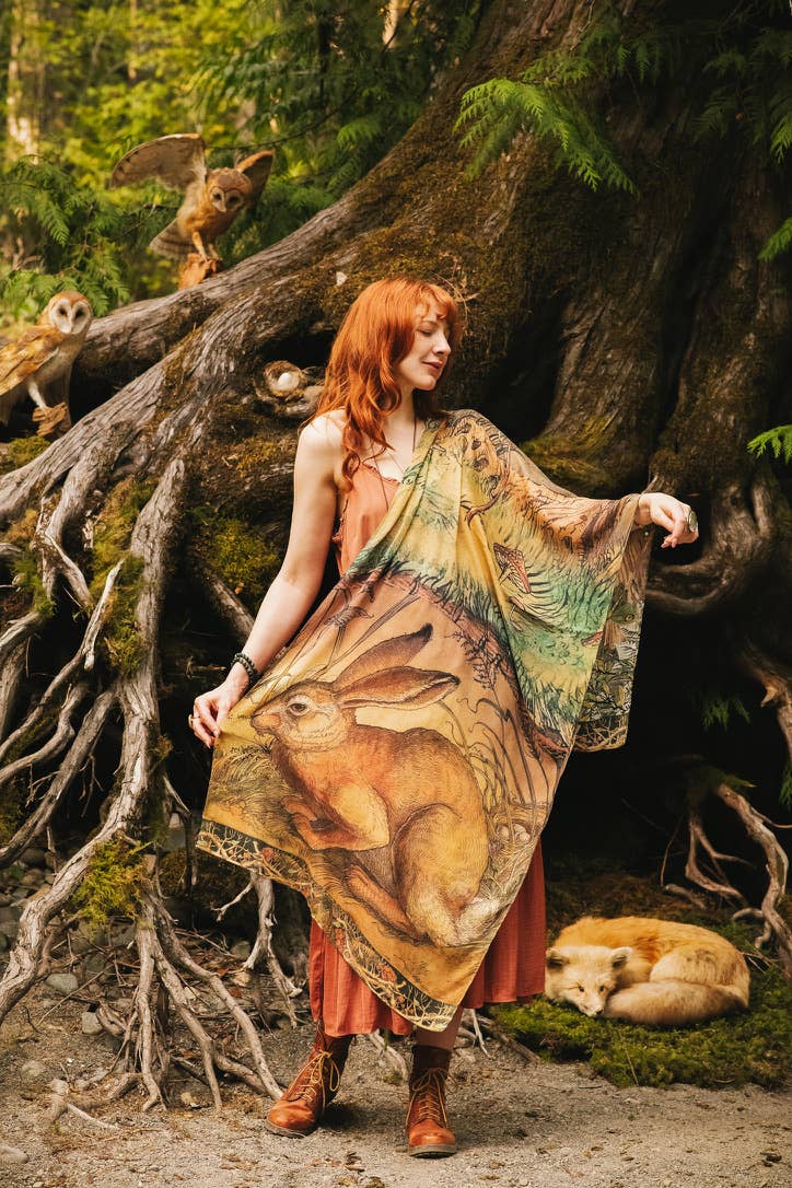 Woodland Wisdom Bohemian Scarf with Florals, Rabbit & Moths