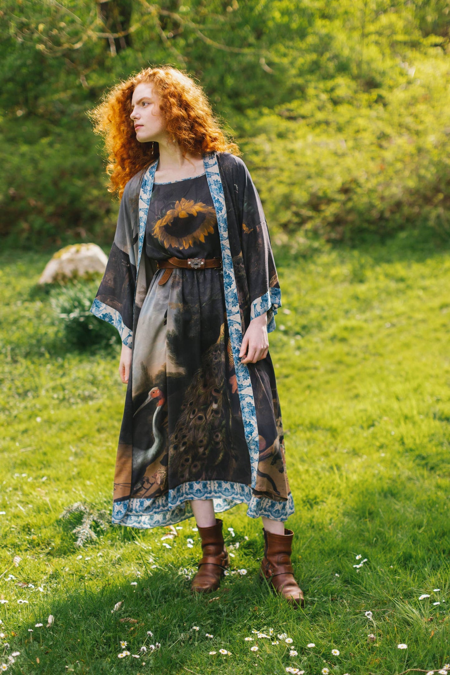 Wild Beauty Bohéme Long Slip Dress w/ Peacock Floral