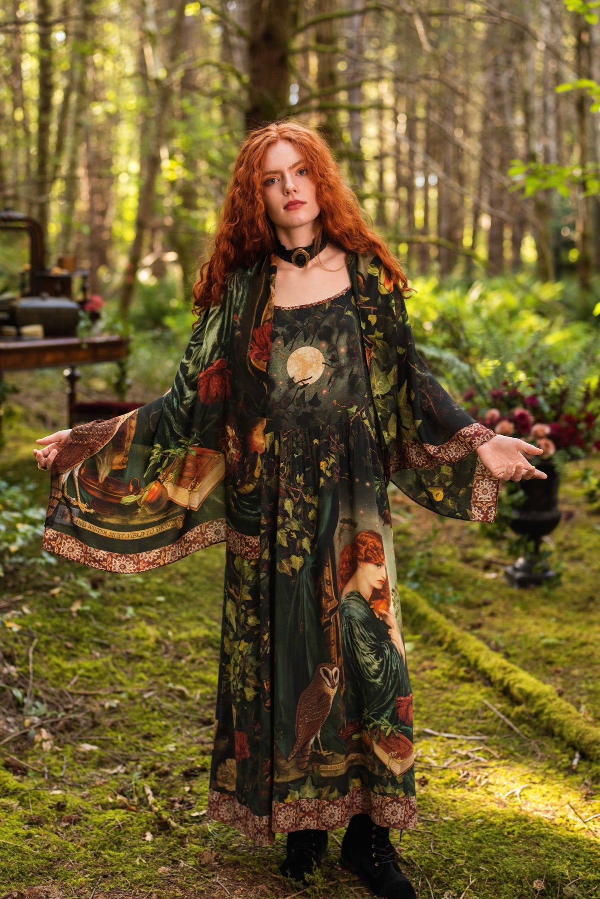 Solstice Bohemian Scarf with Persephone, Florals, Moon & Owl