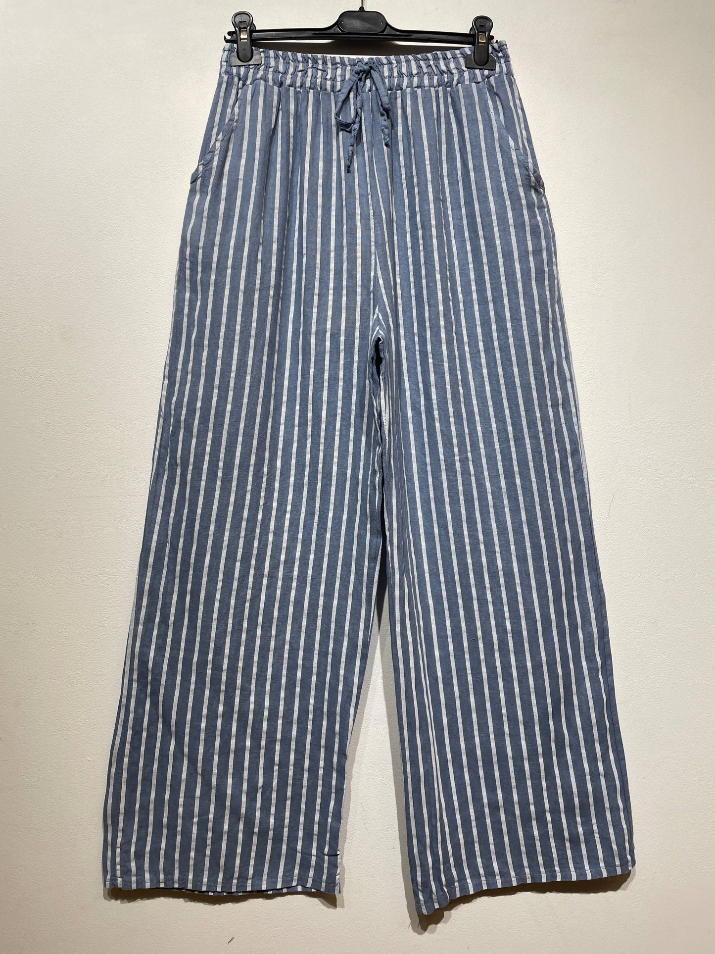 WIDE-LEG LINEN PANTS, STRIPED WITH POCKETS: CAMEL