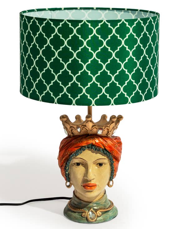 Sicilian Queen Moor Head Table Lamp w/ Green Pattern Shade