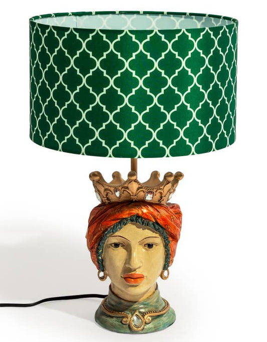 Sicilian Queen Moor Head Table Lamp w/ Green Pattern Shade