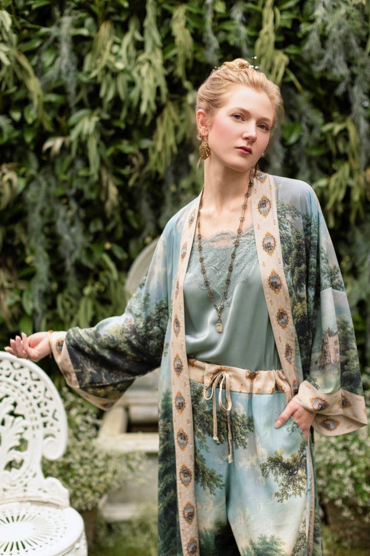 The Mythmaker Linen Crop Artist Pant w/ pastoral landscape