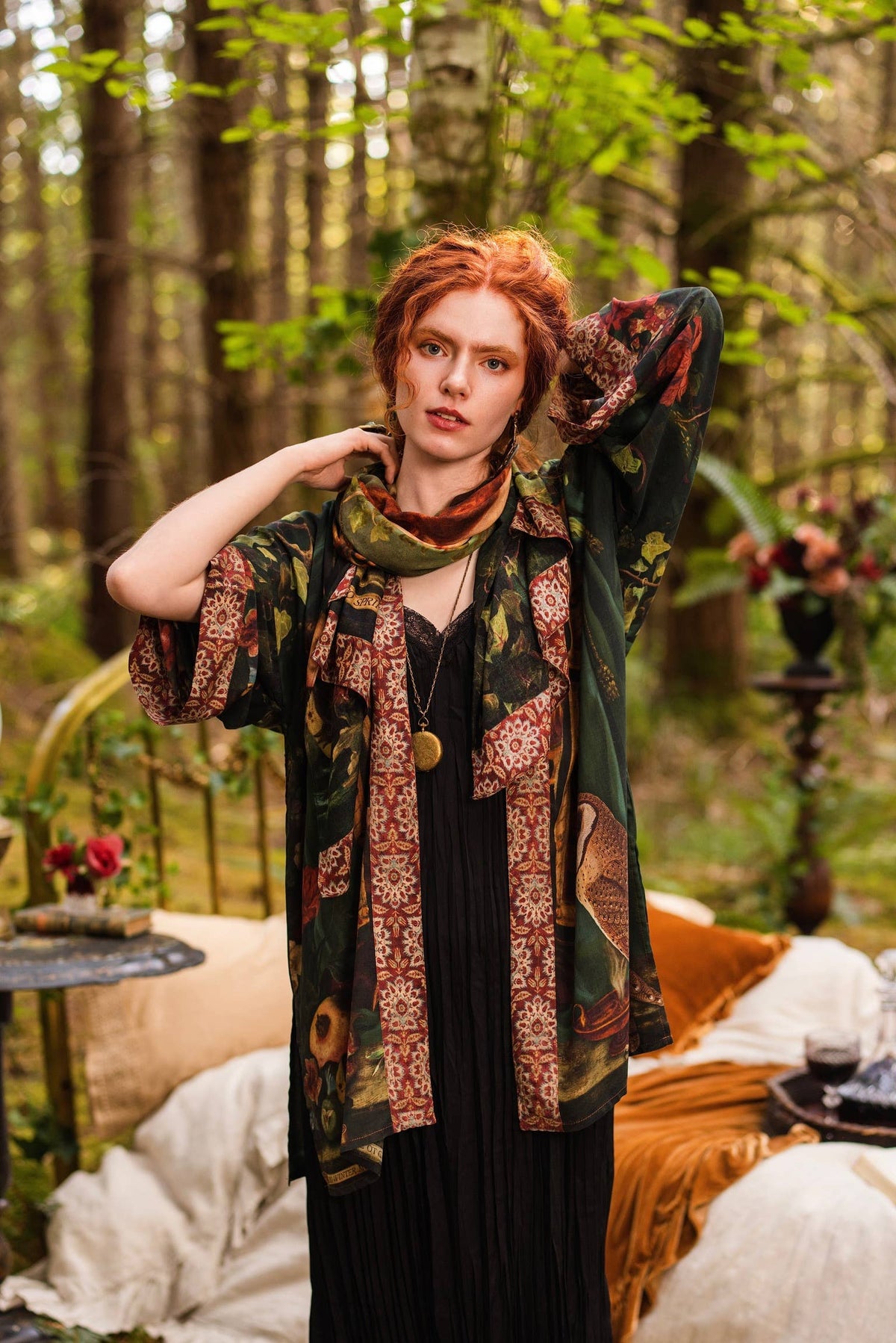 Solstice Bohemian Scarf with Persephone, Florals, Moon & Owl