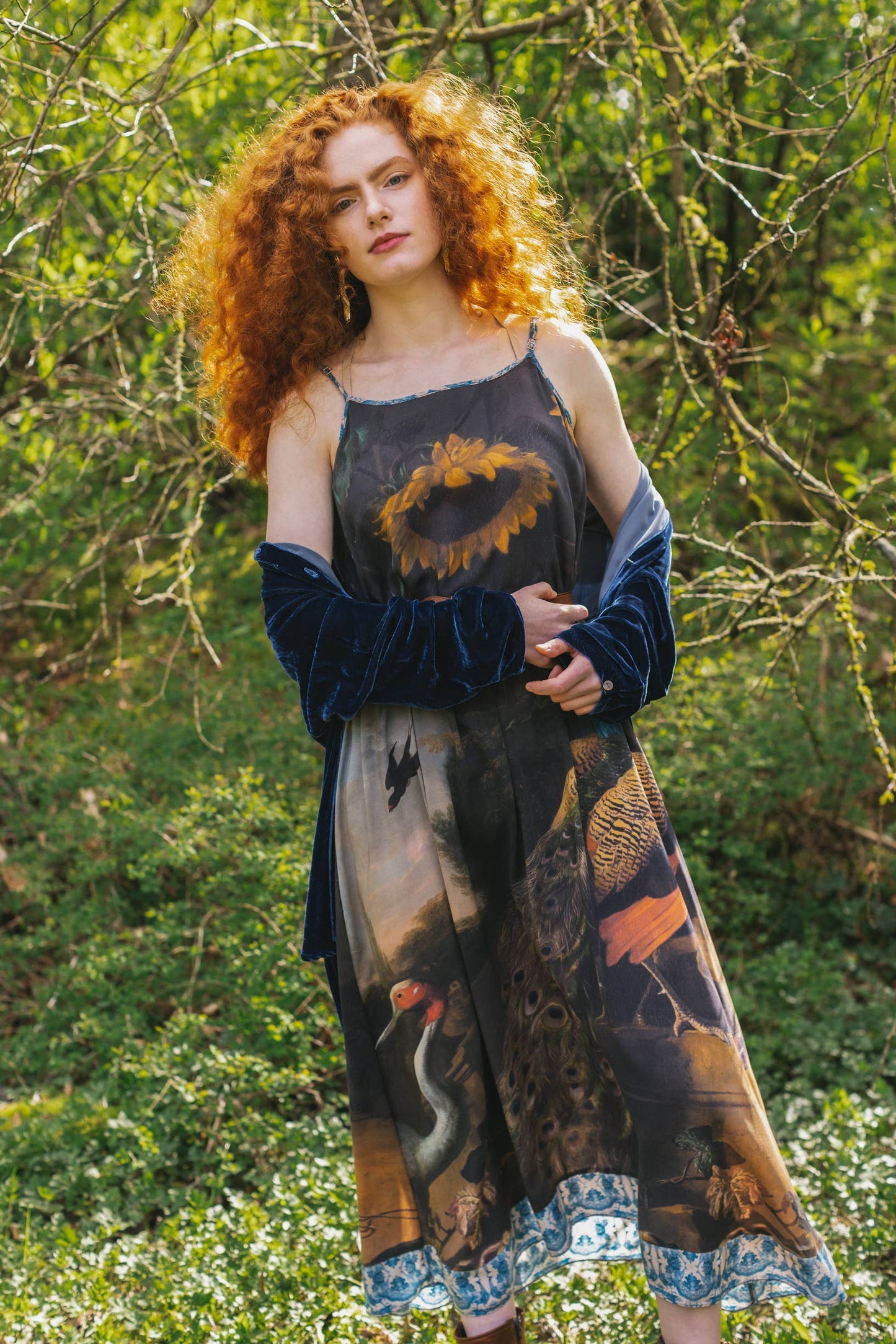 Wild Beauty Bohéme Long Slip Dress w/ Peacock Floral