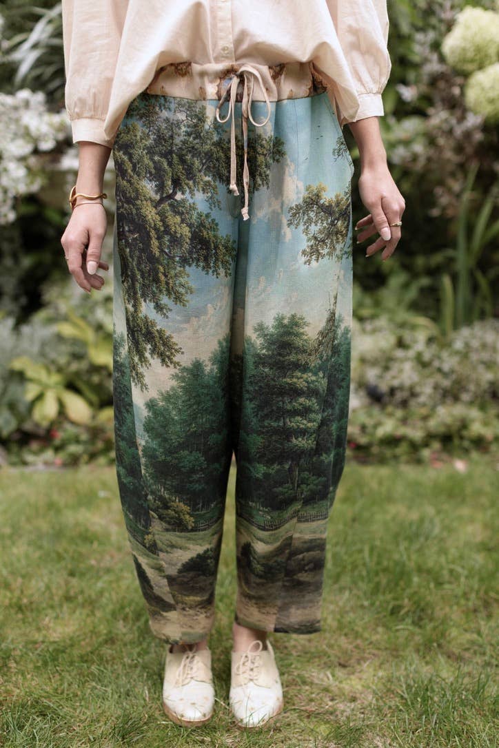 The Mythmaker Linen Crop Artist Pant w/ pastoral landscape