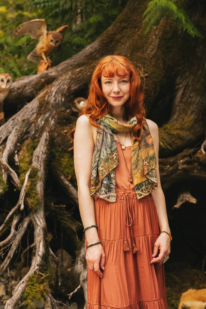 Woodland Wisdom Bohemian Scarf with Florals, Rabbit & Moths