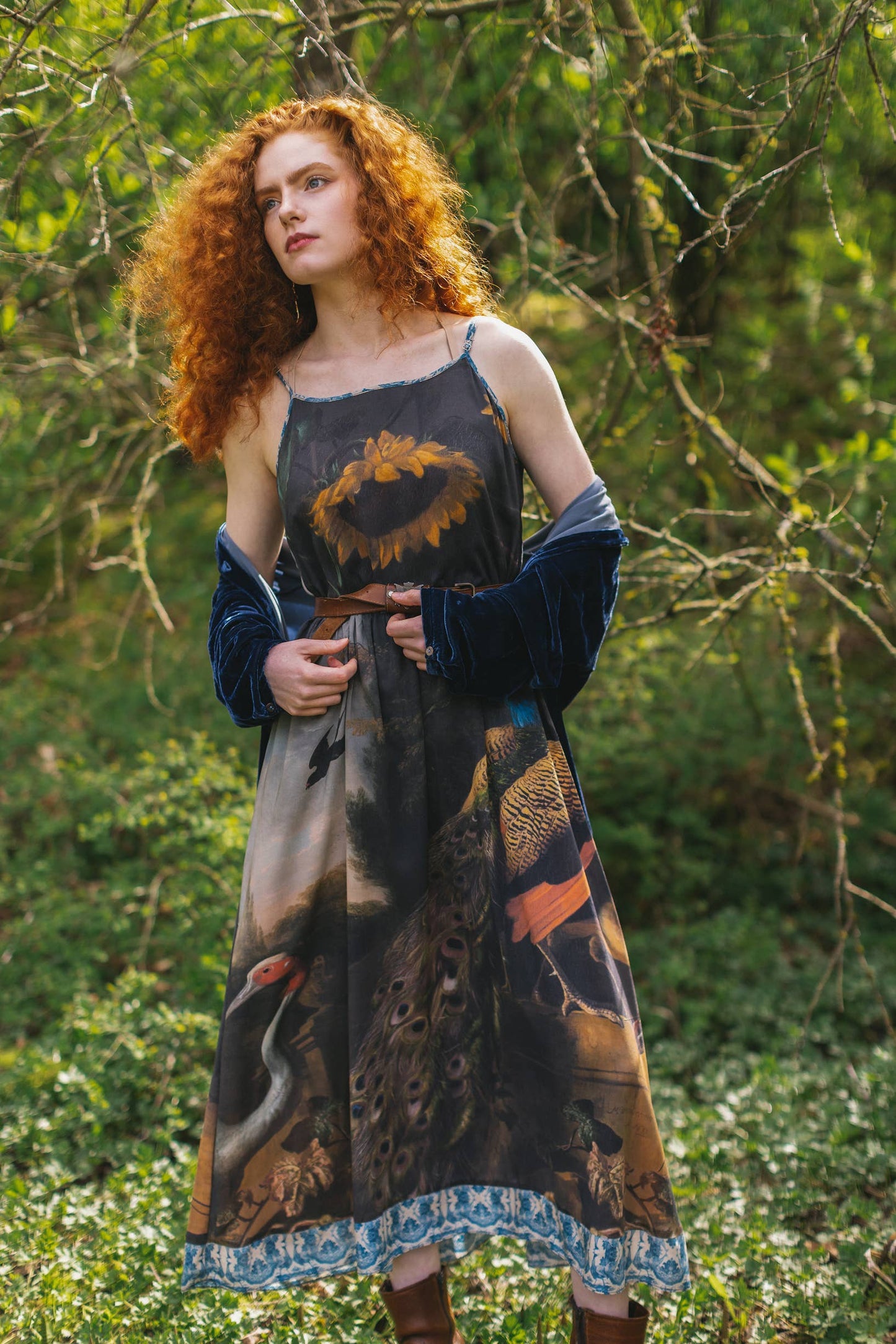 Wild Beauty Bohéme Long Slip Dress w/ Peacock Floral