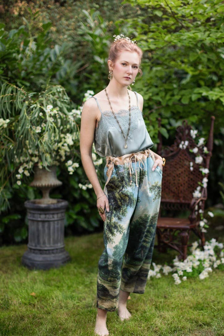 The Mythmaker Linen Crop Artist Pant w/ pastoral landscape