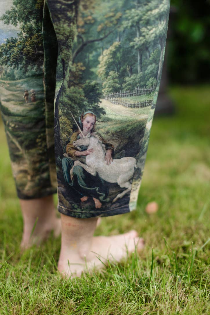 The Mythmaker Linen Crop Artist Pant w/ pastoral landscape
