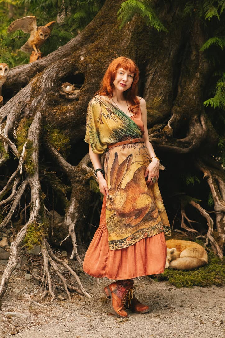 Woodland Wisdom Bohemian Scarf with Florals, Rabbit & Moths