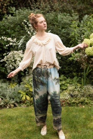 The Mythmaker Linen Crop Artist Pant w/ pastoral landscape