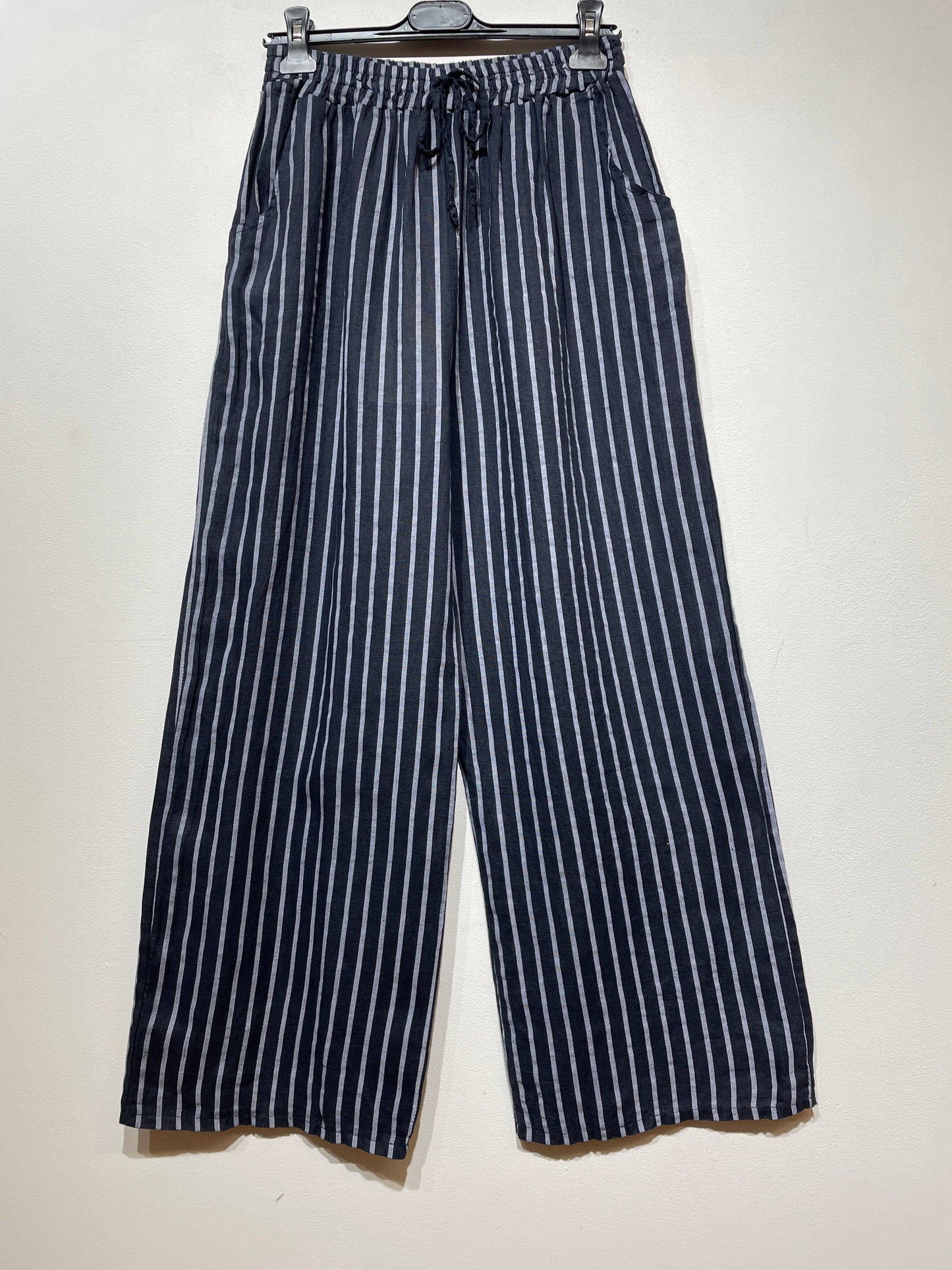 WIDE-LEG LINEN PANTS, STRIPED WITH POCKETS: CAMEL
