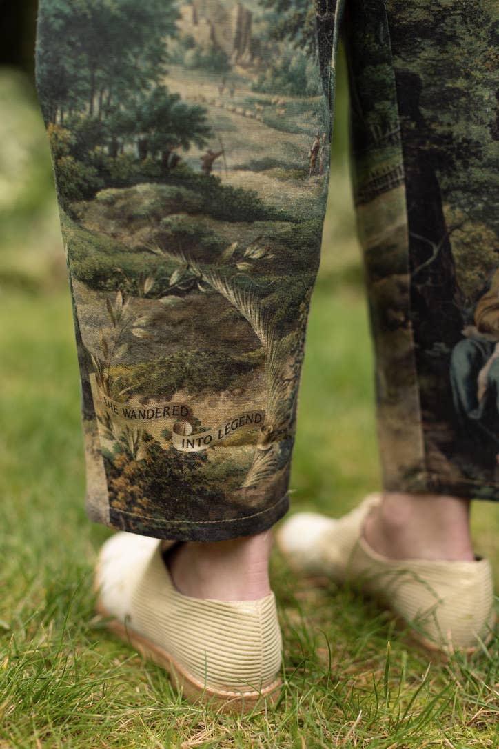 The Mythmaker Linen Crop Artist Pant w/ pastoral landscape