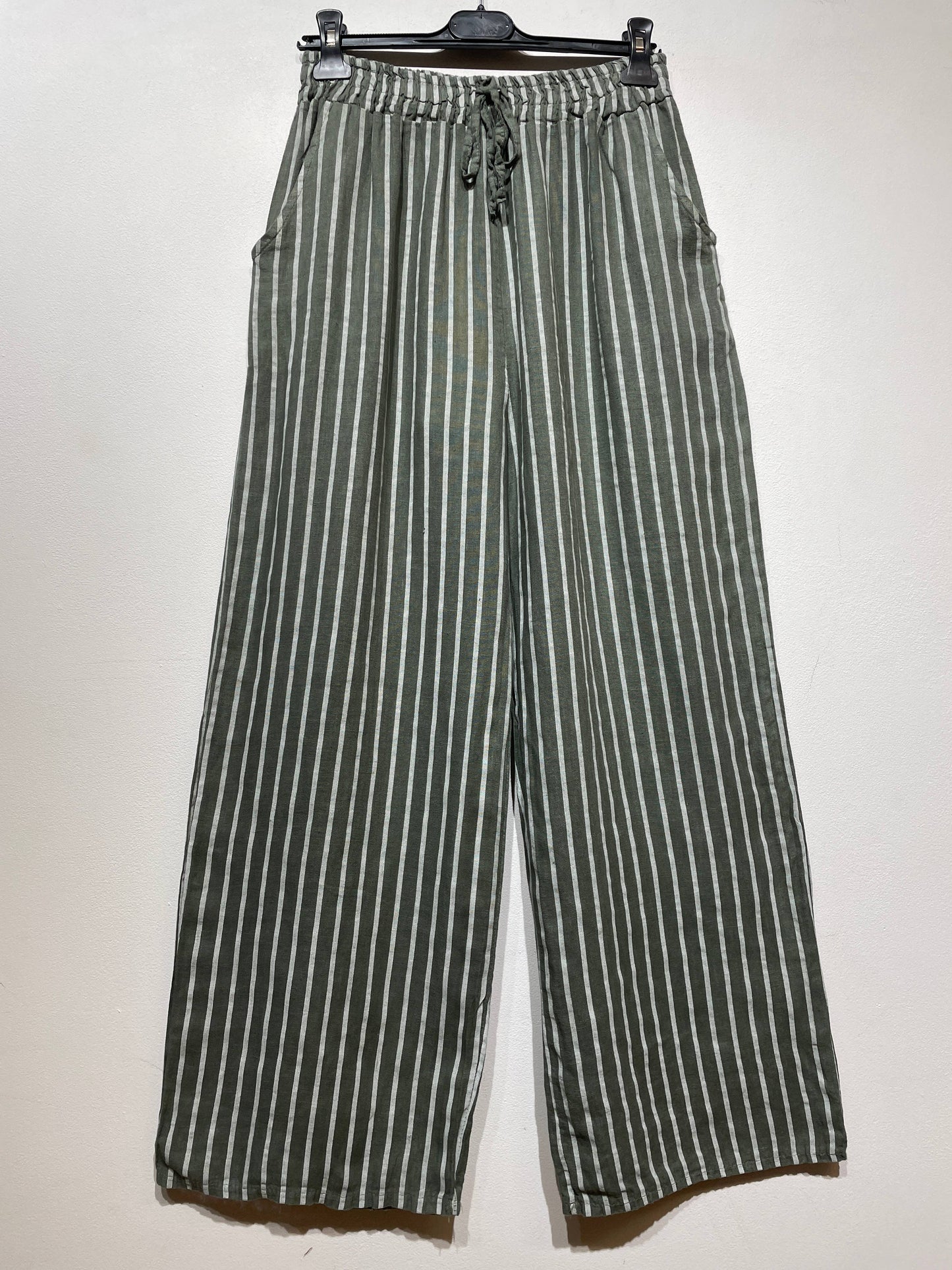 WIDE-LEG LINEN PANTS, STRIPED WITH POCKETS: CAMEL