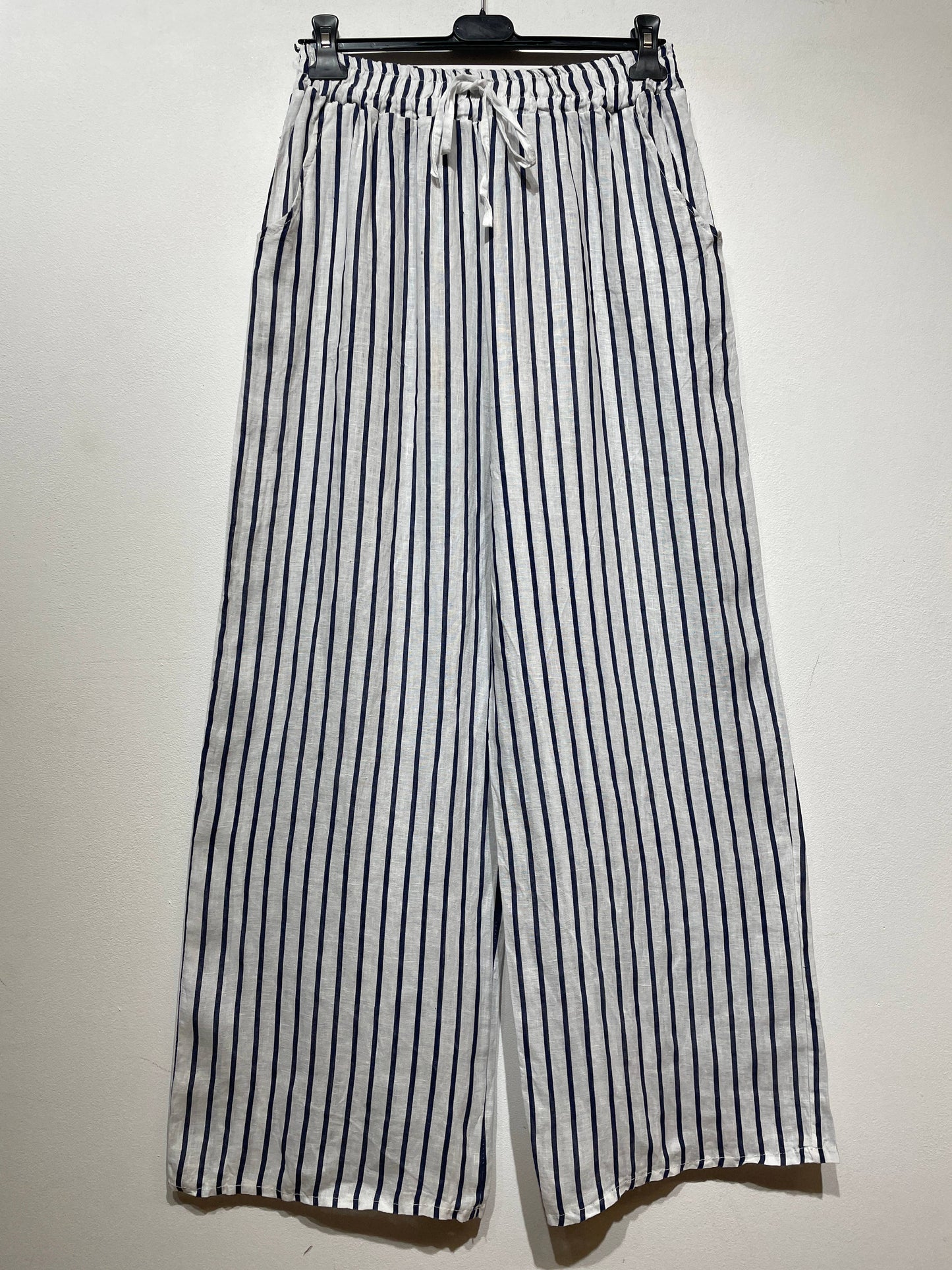 WIDE-LEG LINEN PANTS, STRIPED WITH POCKETS: CAMEL