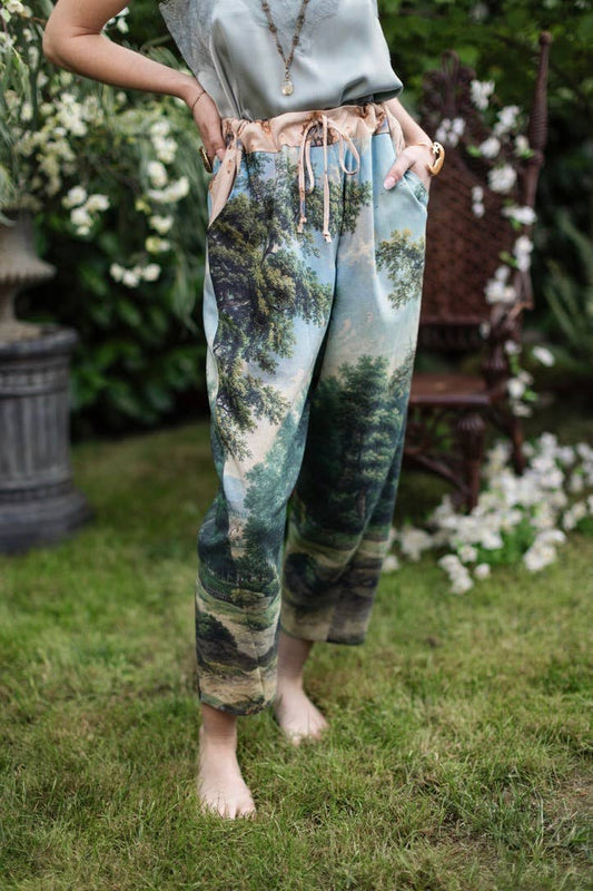 The Mythmaker Linen Crop Artist Pant w/ pastoral landscape