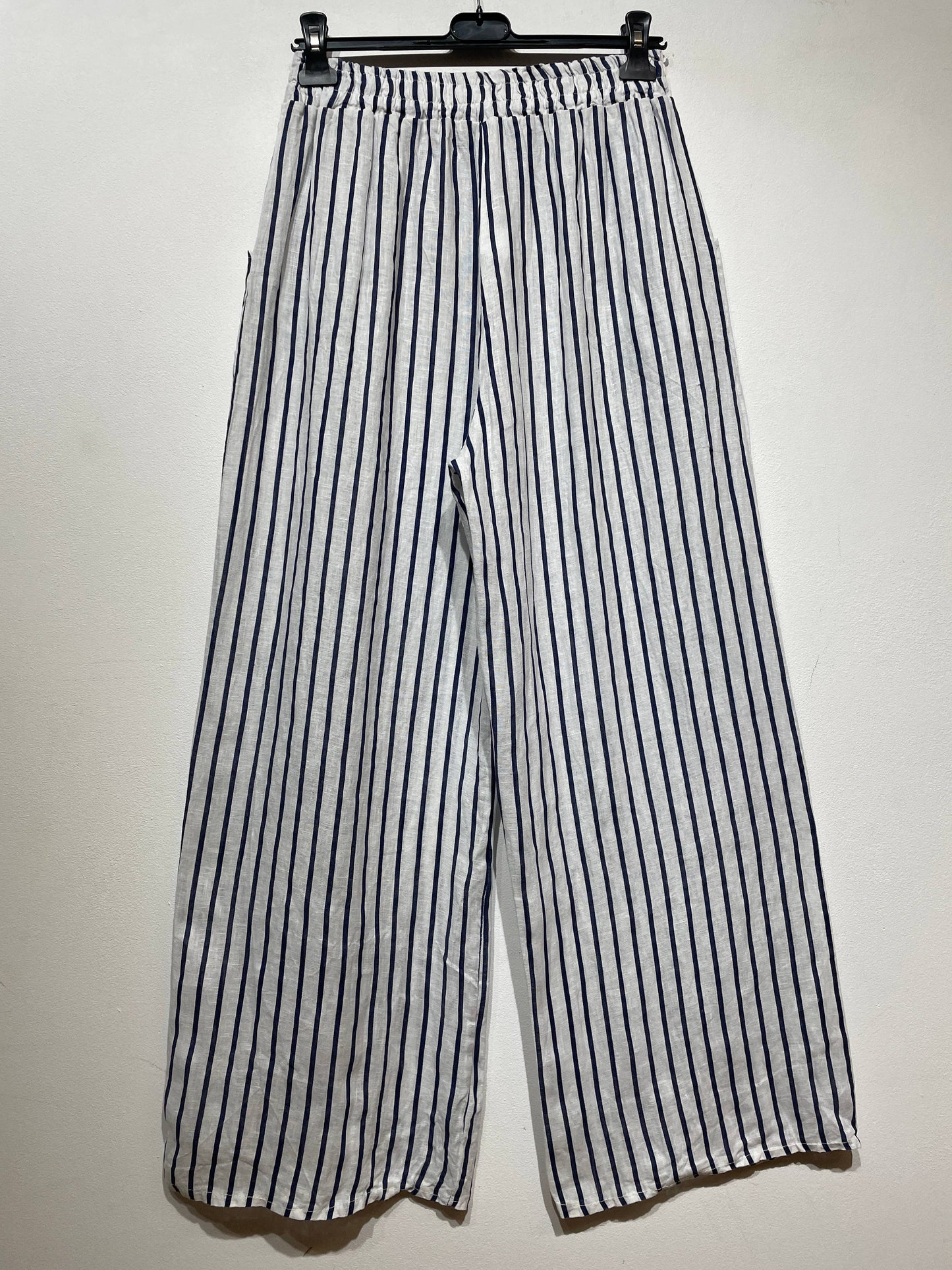 WIDE-LEG LINEN PANTS, STRIPED WITH POCKETS: CAMEL