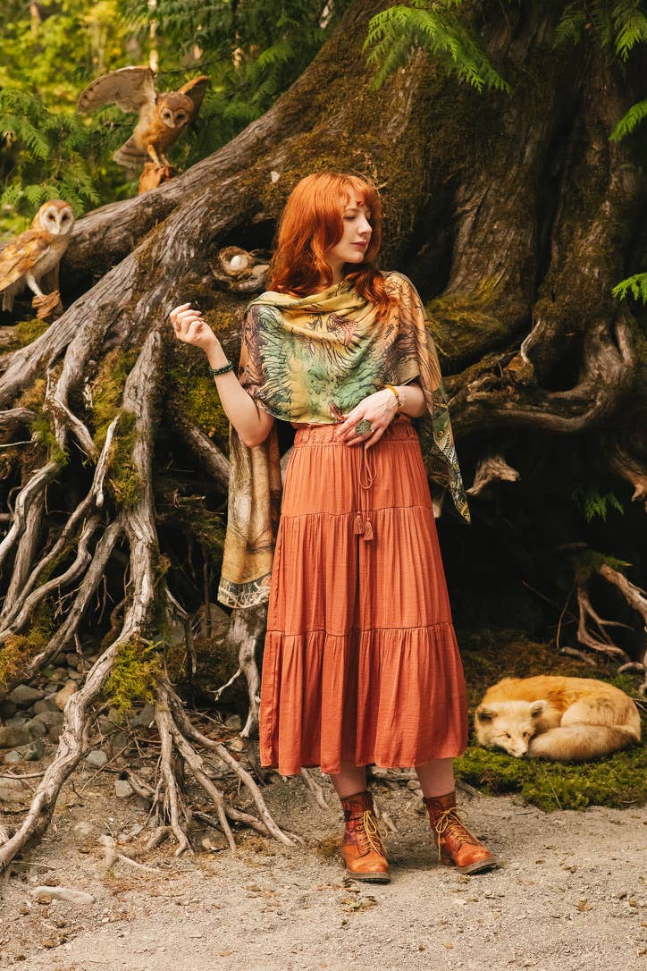 Woodland Wisdom Bohemian Scarf with Florals, Rabbit & Moths