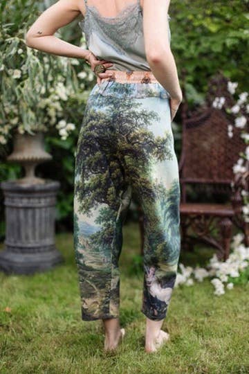 The Mythmaker Linen Crop Artist Pant w/ pastoral landscape