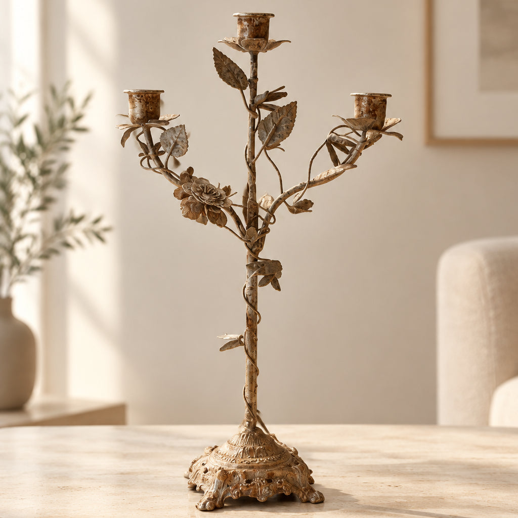 Metal Vintage Reproduction Toleware Candelabra with Leaves