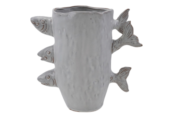 Stoneware Vase with 3D Fish – Reactive Glaze, White
