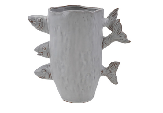 Stoneware Vase with 3D Fish – Reactive Glaze, White