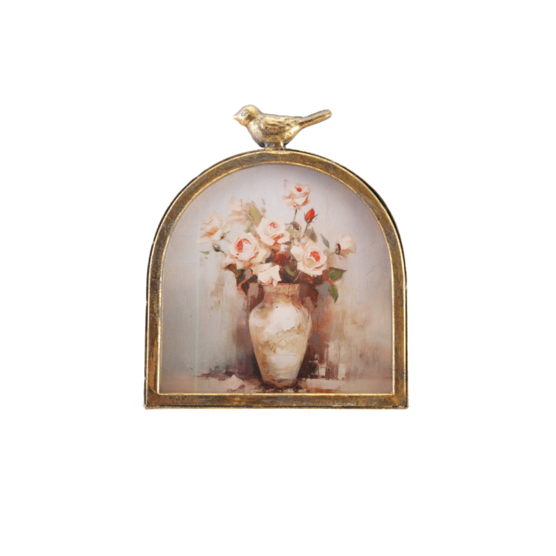Metal Arched Photo Frame w/ Bird Finial, Antique Gold Finish