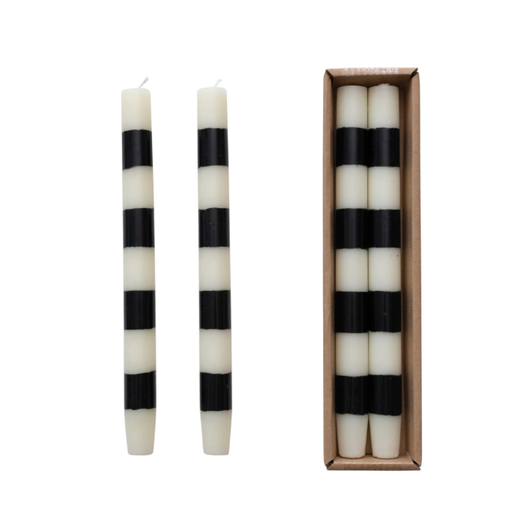 S/2 Unscented Taper Candle, Ivory and Black Stripe