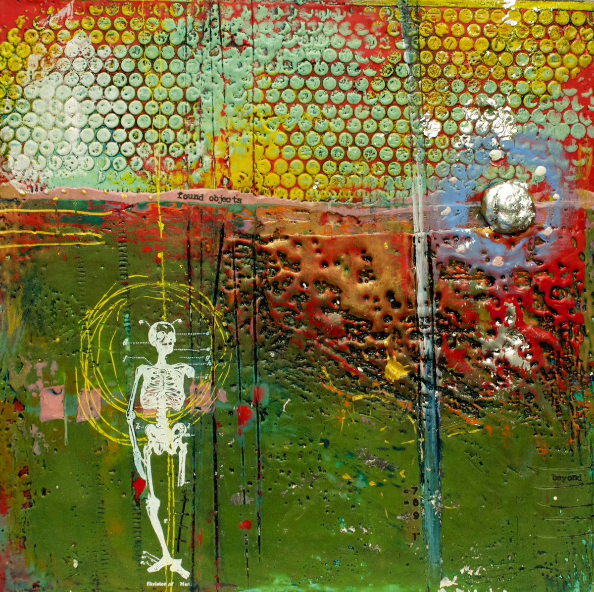 Abstract artwork with a skeleton figure and colorful patterns