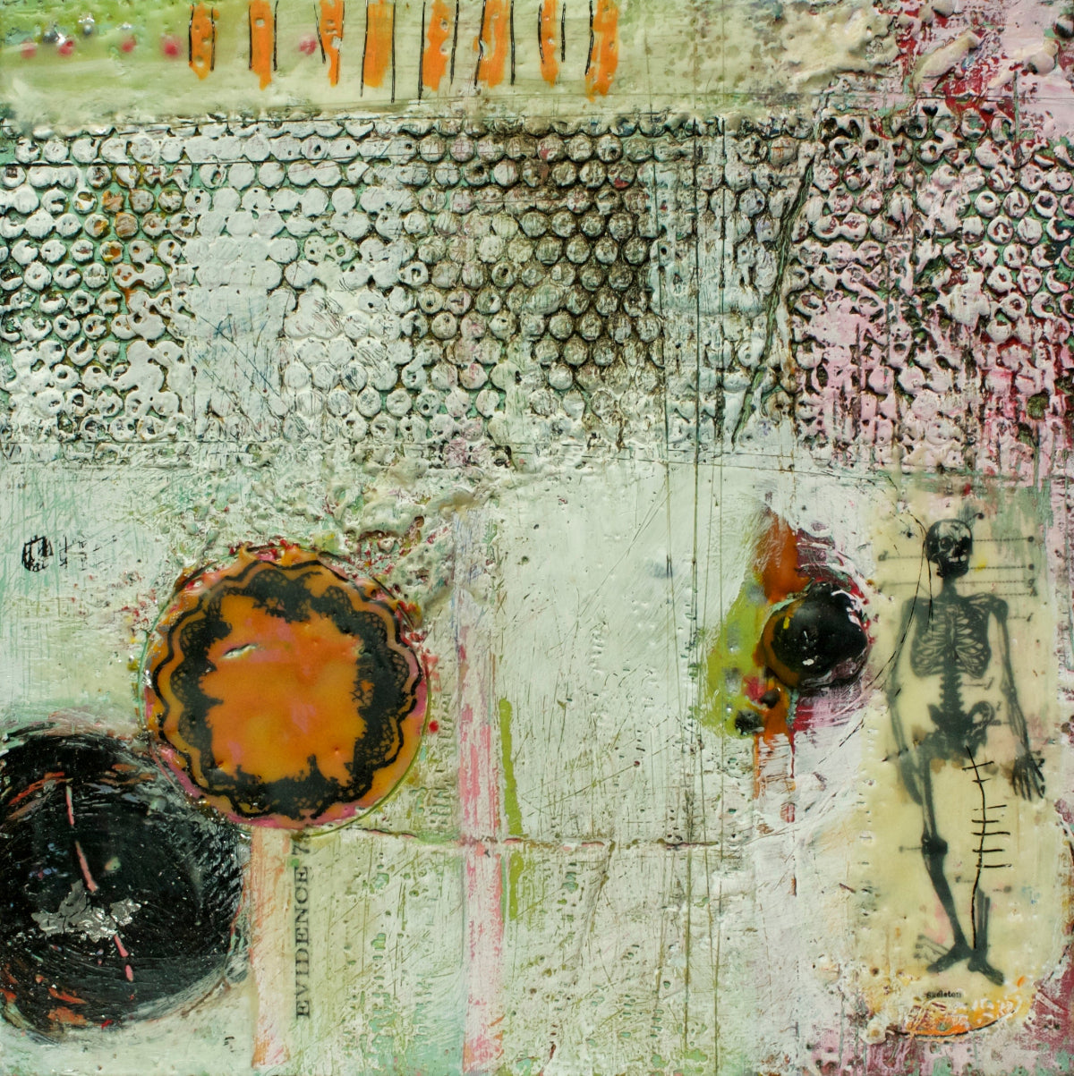 Abstract art piece with textures, patterns, and a skeleton figure.