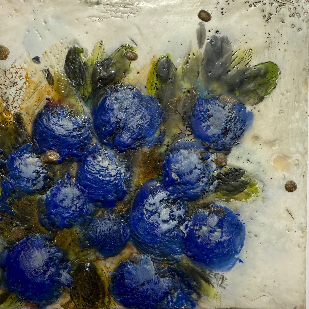 Artistic depiction of blue berries on a textured surface