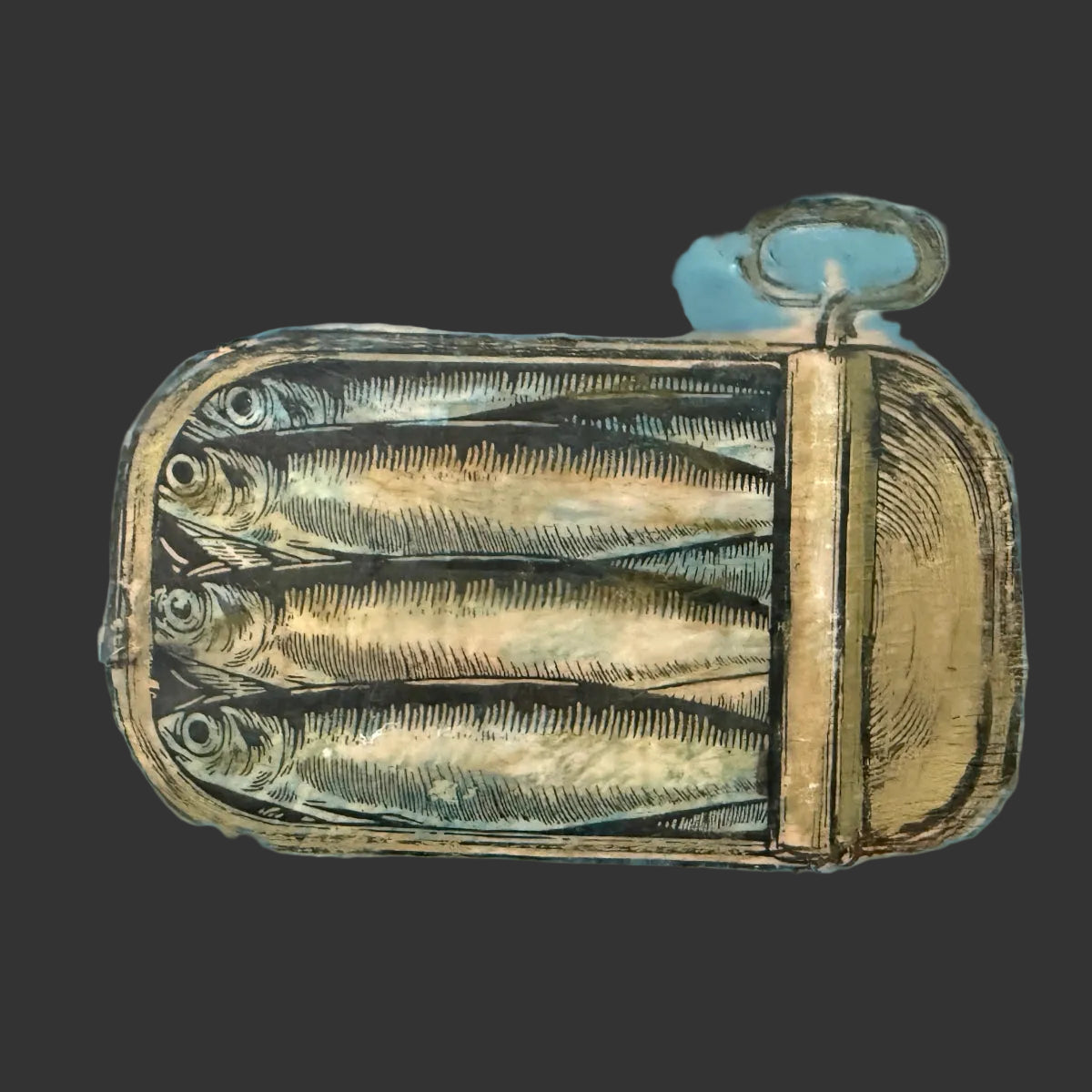 Decorative box with a design of sardines in a can on a blue background