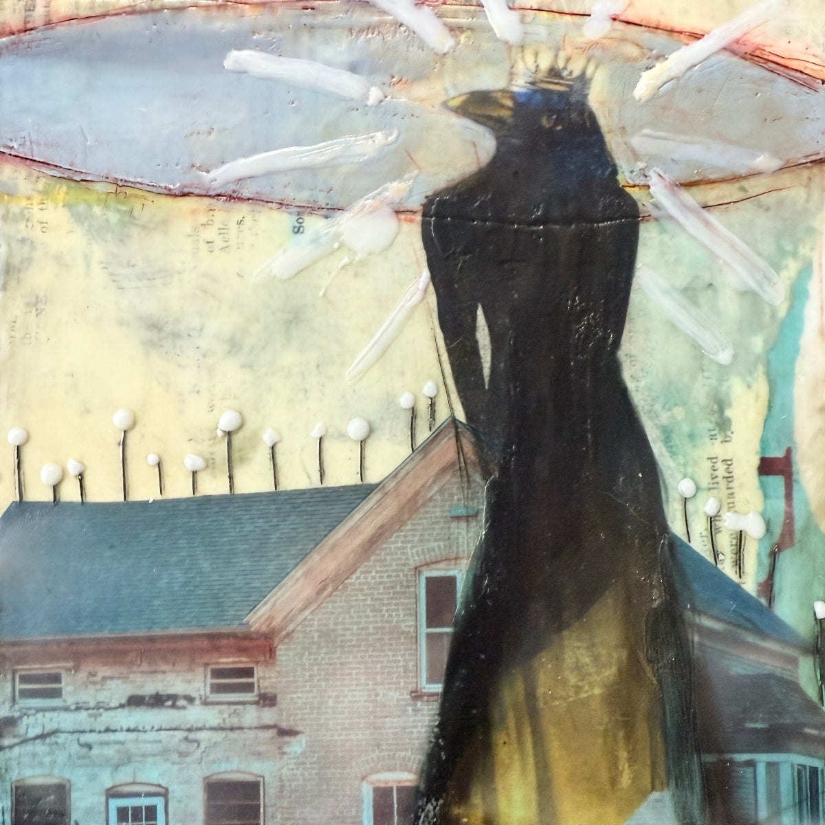 Abstract art piece with a black hand holding a white object on a textured surface