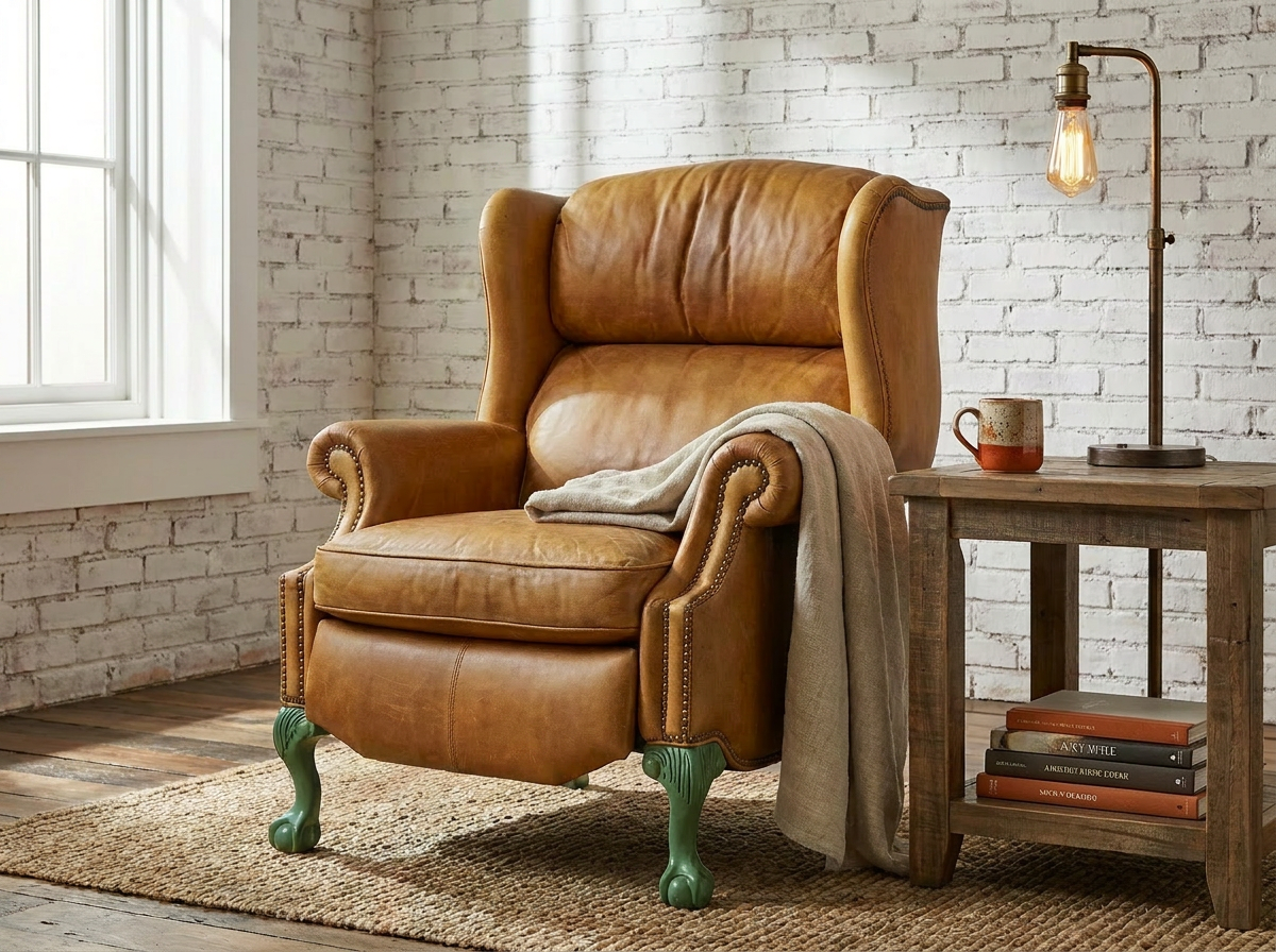 Vintage Embossed Leather Recliner — Green Stripe Upcycle + Clawfoot Legs