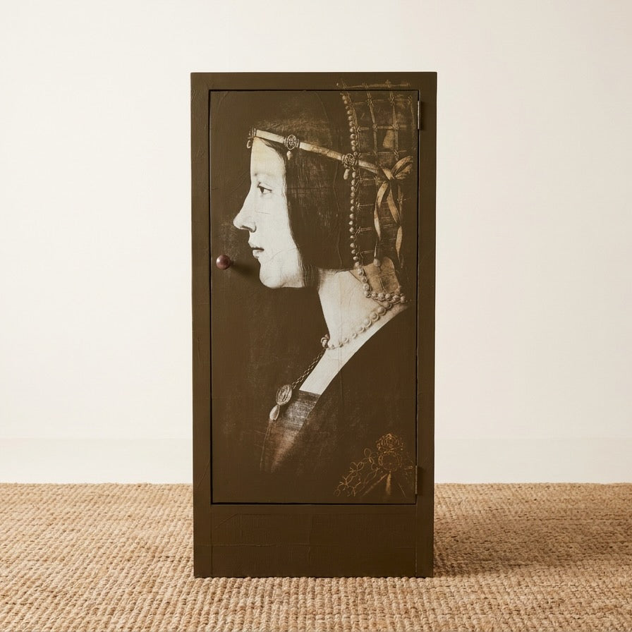 Upcycled Vintage Metal Utility Cabinet — Da Vinci Lady Motif (OOAK)