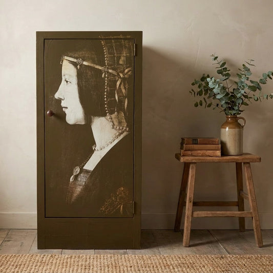 Upcycled Vintage Metal Utility Cabinet — Da Vinci Lady Motif (OOAK)