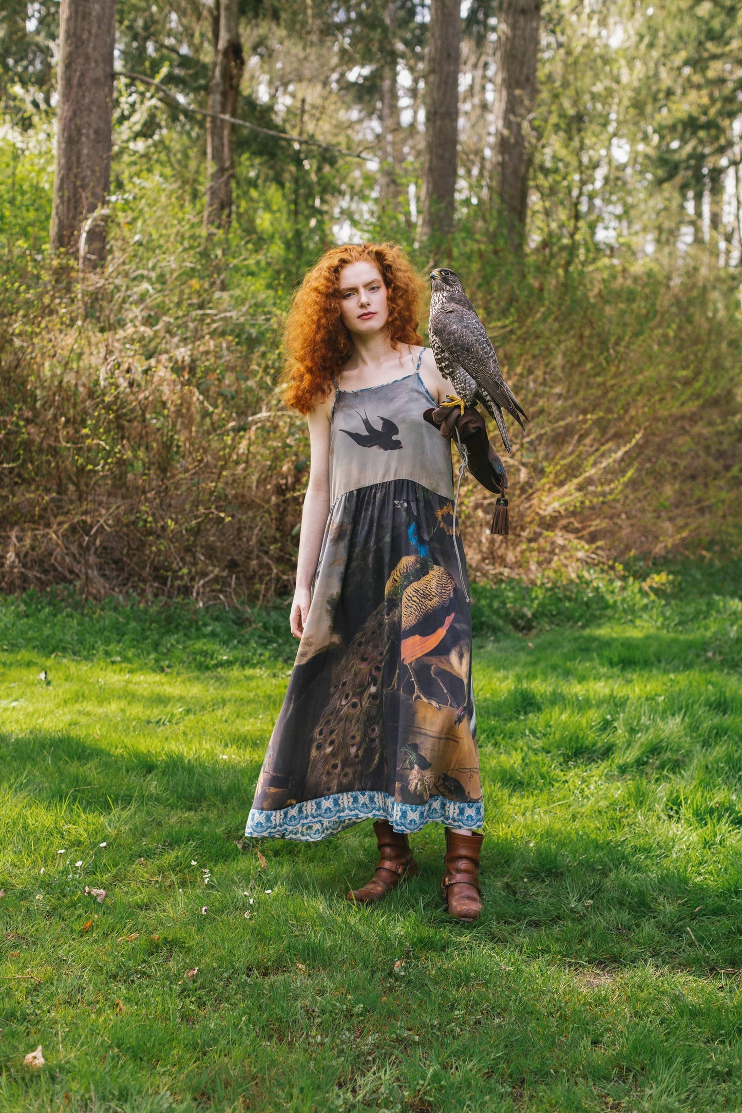 Wild Beauty Bohéme Long Slip Dress w/ Peacock Floral
