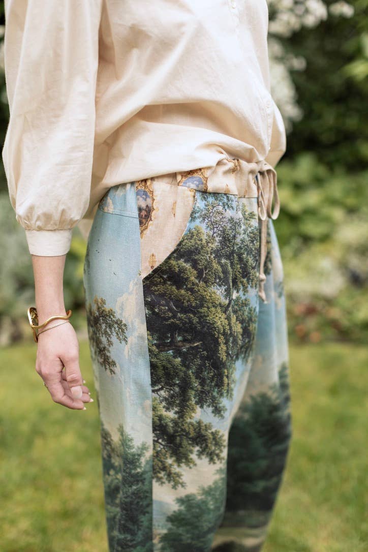 The Mythmaker Linen Crop Artist Pant w/ pastoral landscape