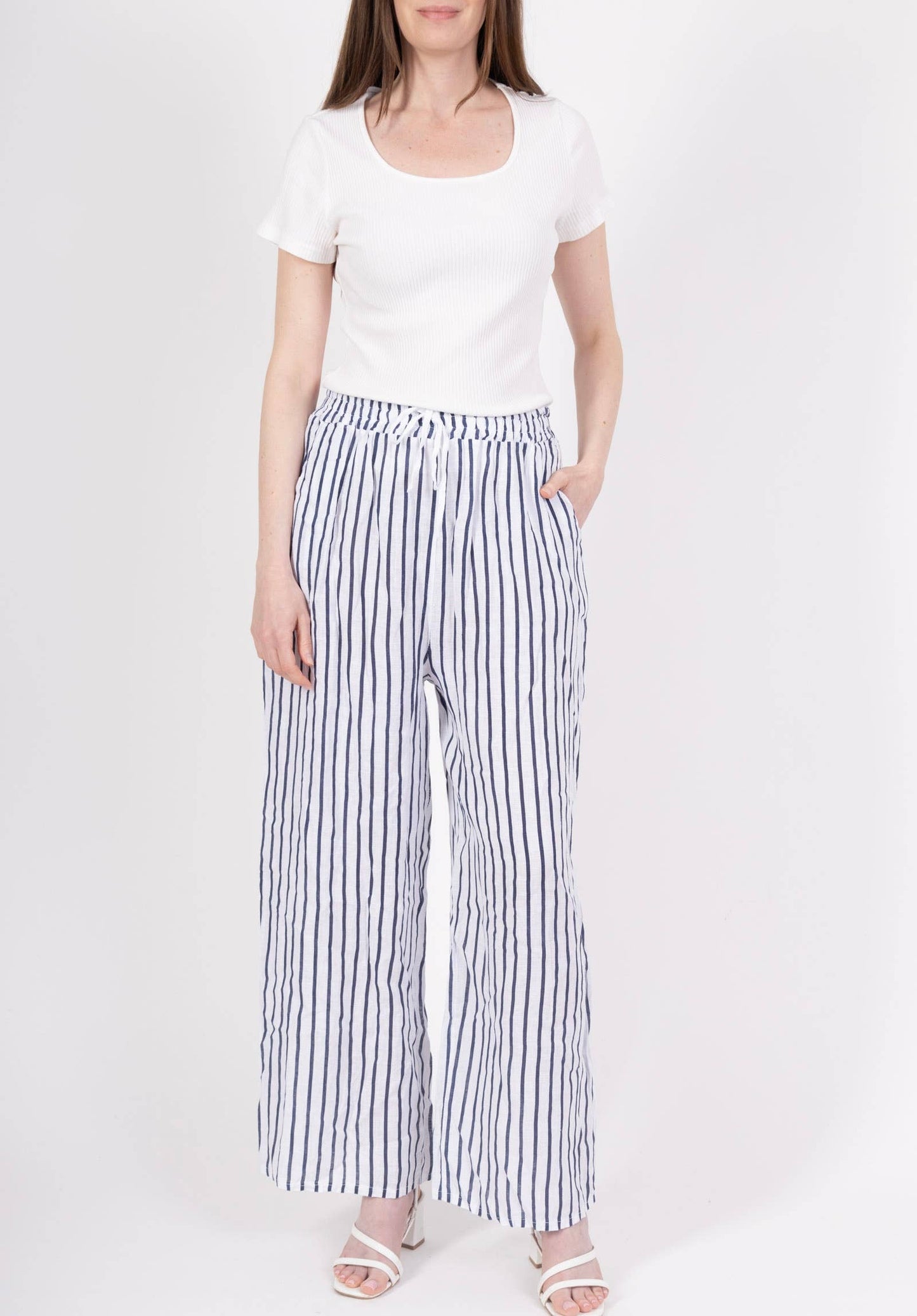 WIDE-LEG LINEN PANTS, STRIPED WITH POCKETS: CAMEL